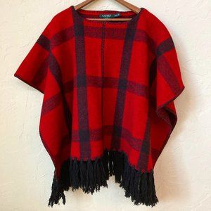 Ralph Lauren Wool Buffalo Plaid Thick Poncho w/ Fringe